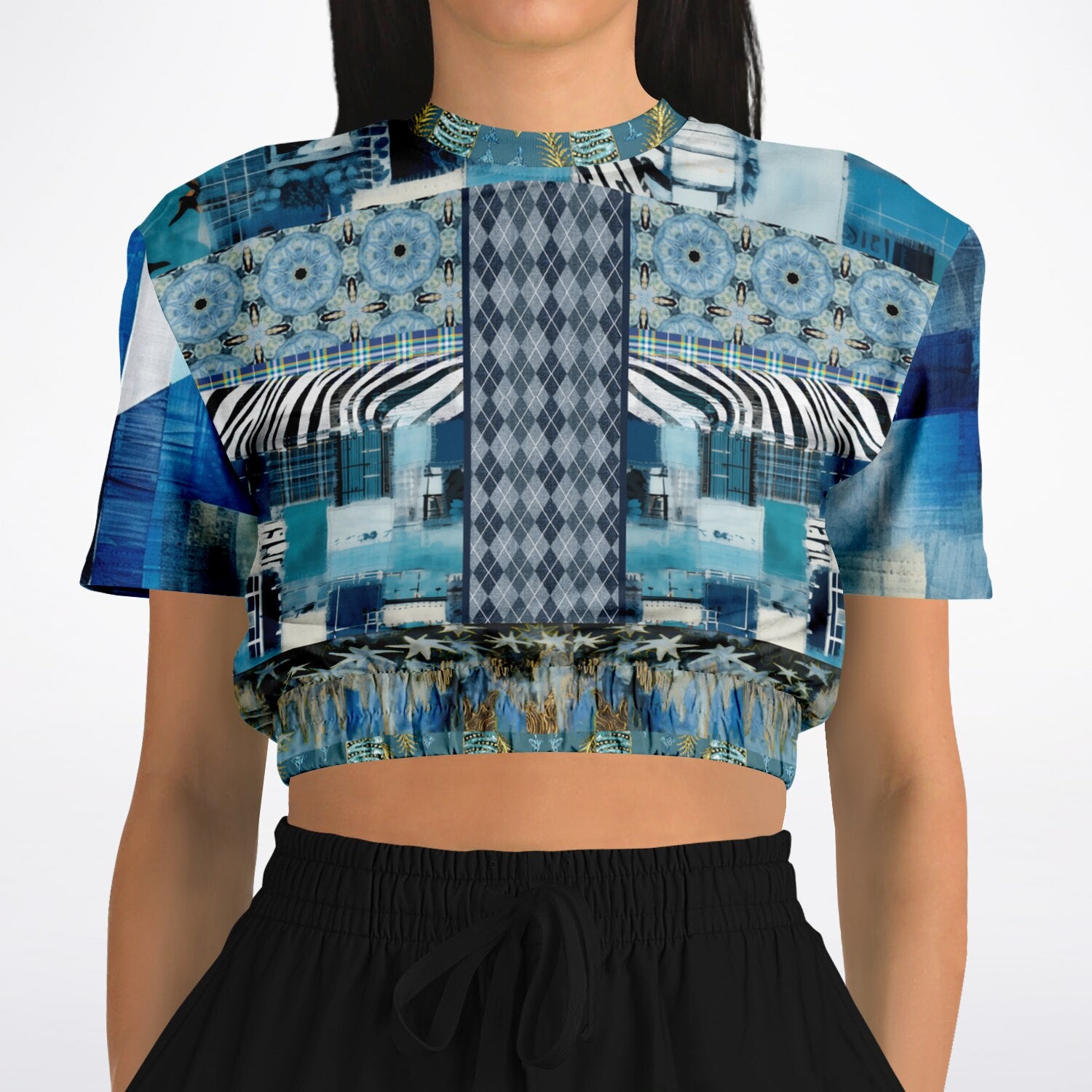 Zima in Frost Patchwork Print Eco-Poly Short Sleeve Cropped Pullover