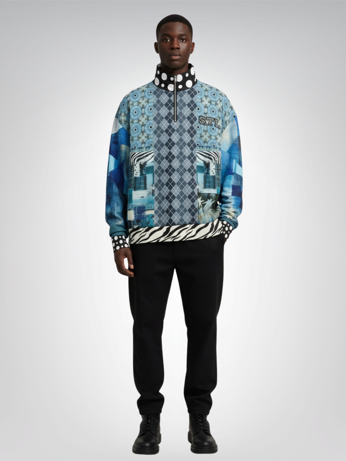 Zima in Frost Patchwork Print Heavyweight Oversized Quarter Zip Sweatshirt