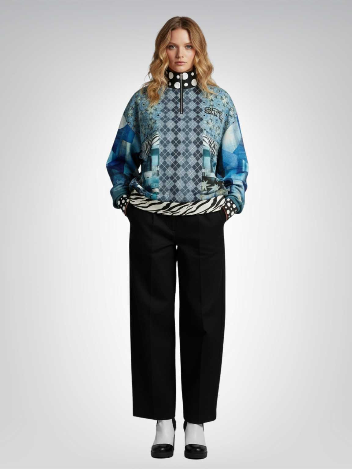 Zima in Frost Patchwork Print Heavyweight Oversized Quarter Zip Sweatshirt