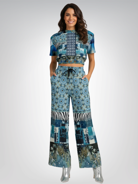 Zima in Frost Patchwork Print Eco-Poly Short Sleeve Cropped Pullover