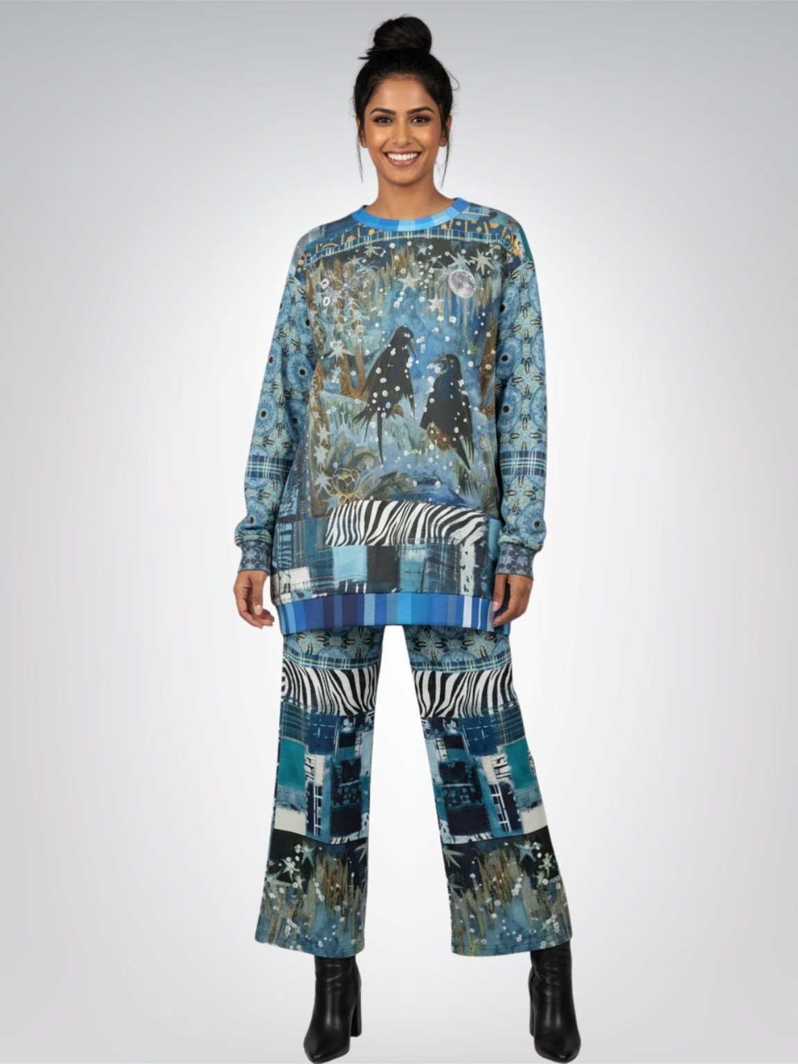 Zima in Frost Patchwork Print Eco-Poly Wide Leg Pants